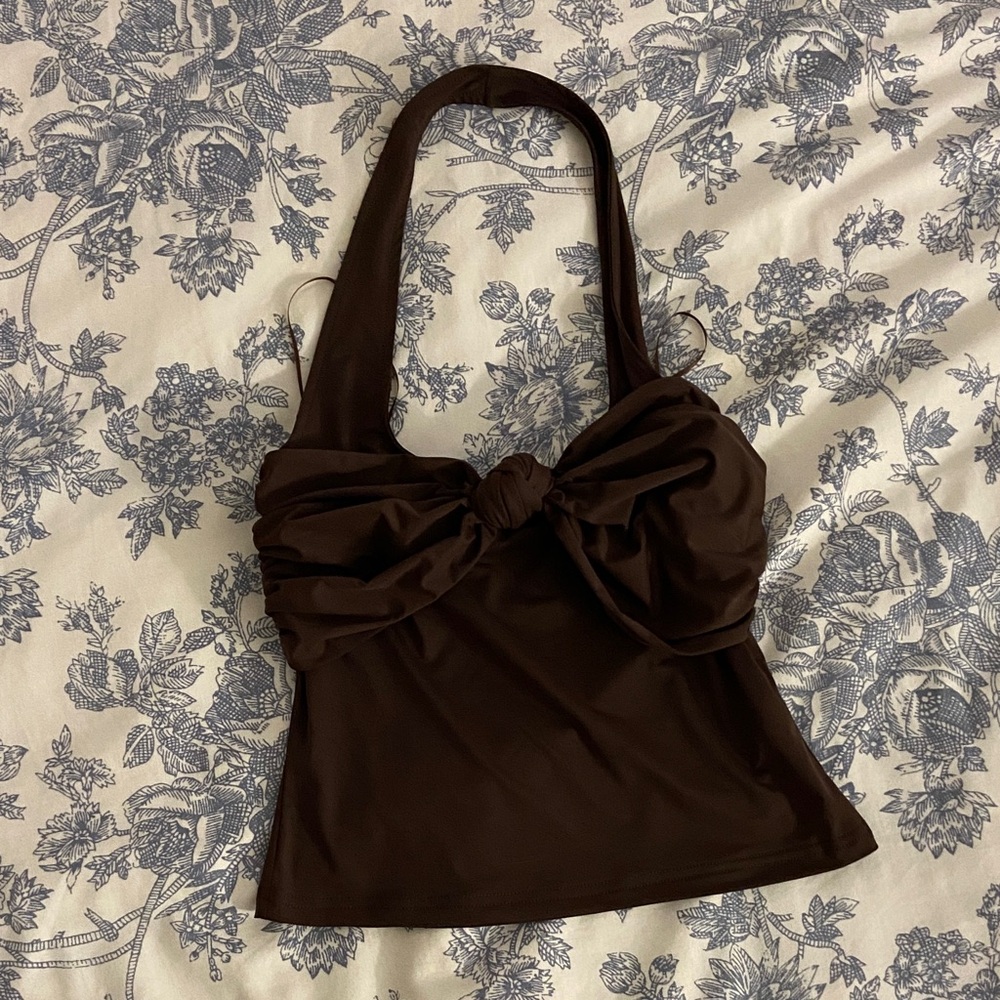 Elegant Brown Halter Top with Ruched Bow